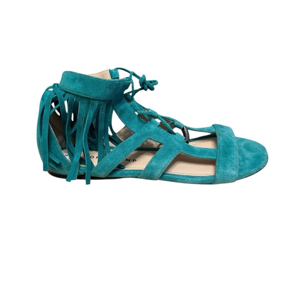 Longchamp Teal Suede Leather Fringe Gladiator Lace Up Sandals Size 37 NEW - Picture 1 of 9